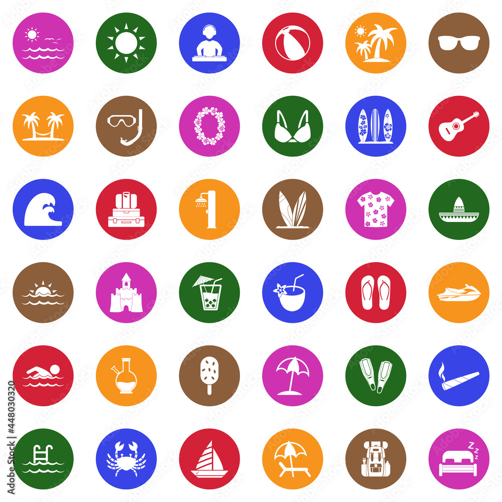 Spring Break Icons. White Flat Design In Circle. Vector Illustration. Spring Break Icons. White Flat Design In Circle. Vector Illustration.