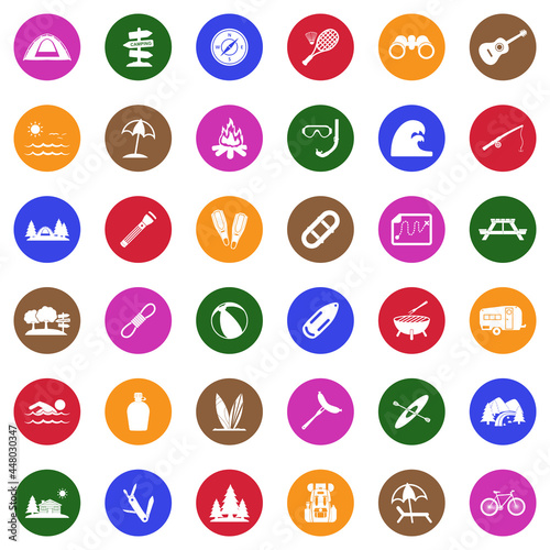 Summer Camp Icons. White Flat Design In Circle. Vector Illustration.