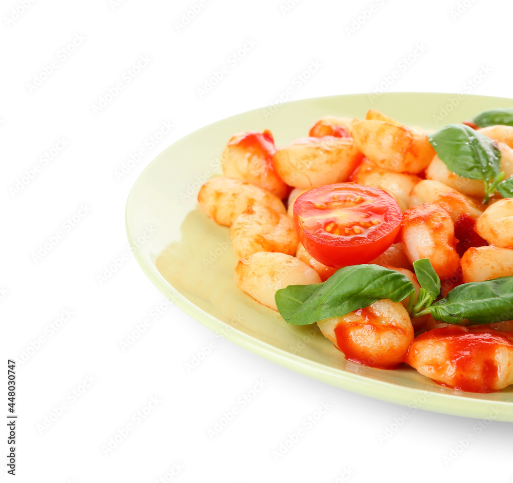 Plate with tasty gnocchi on white background Plate with tasty gnocchi on white background