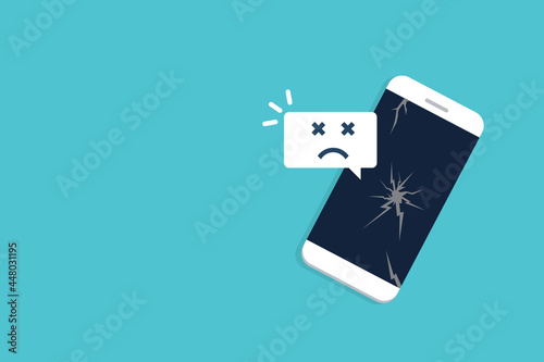 Broken smartphone with sad smile. Broken phone service, recovery and repair concept.	