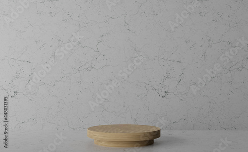 Wooden podium stand for your product on a marble table. Background for cosmetics, bathroom supplies. 3d rendered