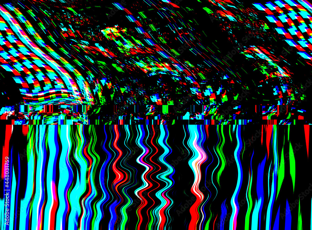 Ilustrace „Glitch TV Techno psychedelic background. Old VHS screen error.  Digital pixel noise abstract design. Photo glitch. Television signal fail  and Colorful noise“ ze služby Stock | Adobe Stock