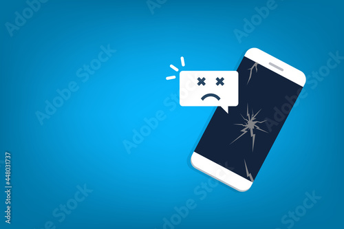 Broken smartphone with sad smile. Broken phone service, recovery and repair concept. 