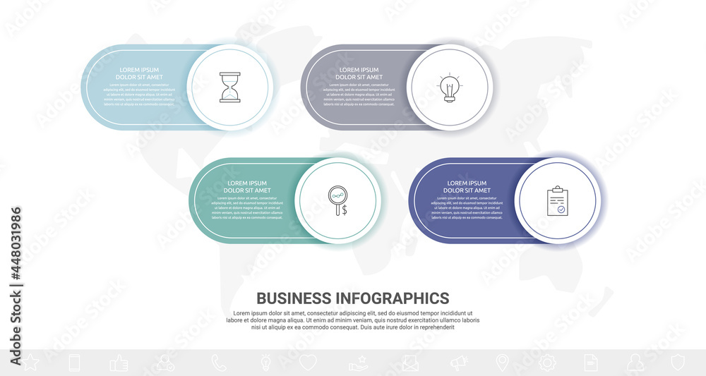 Business vector infographics with 4 circles and labels. Timeline visualization with four steps for diagram, flowchart, banner, presentations, web, content, levels, chart, graphic Business vector infographics with 4 circles and labels. Timeline visualization with four steps for diagram, flowchart, banner, presentations, web, content, levels, chart, graphic