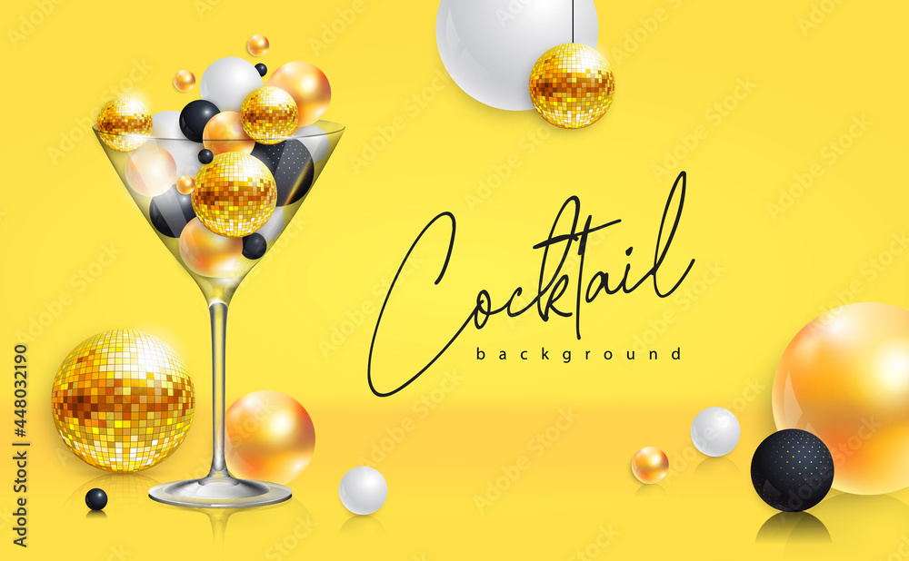 Cocktail disco party poster with 3d abstract spheres and golden disco ball. Cocktail background. Vector illustration Cocktail disco party poster with 3d abstract spheres and golden disco ball. Cocktail background. Vector illustration