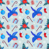 New Year's seamless pattern with bullfinches, holly and other Christmas symbols for gift packaging, wallpaper, textiles. Watercolor