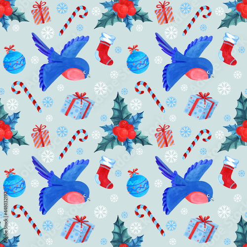 New Year s seamless pattern with bullfinches  holly and other Christmas symbols for gift packaging  wallpaper  textiles. Watercolor