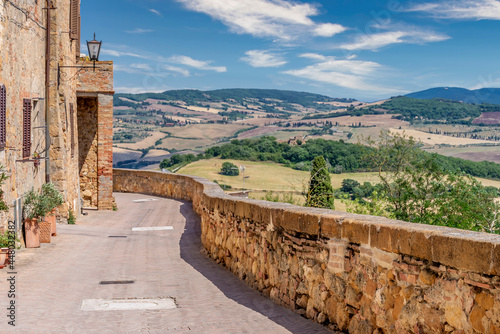 Beautiful panoramic view of the countryside surrounding Pienza, Siena, Italy, from the scenic walk of the historic center photo