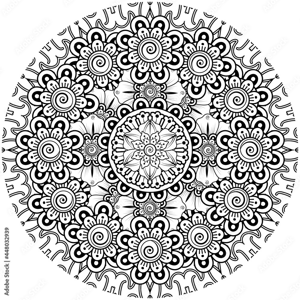 mehndi flower decorative ornament in ethnic oriental style, doodle ornament, outline hand draw.