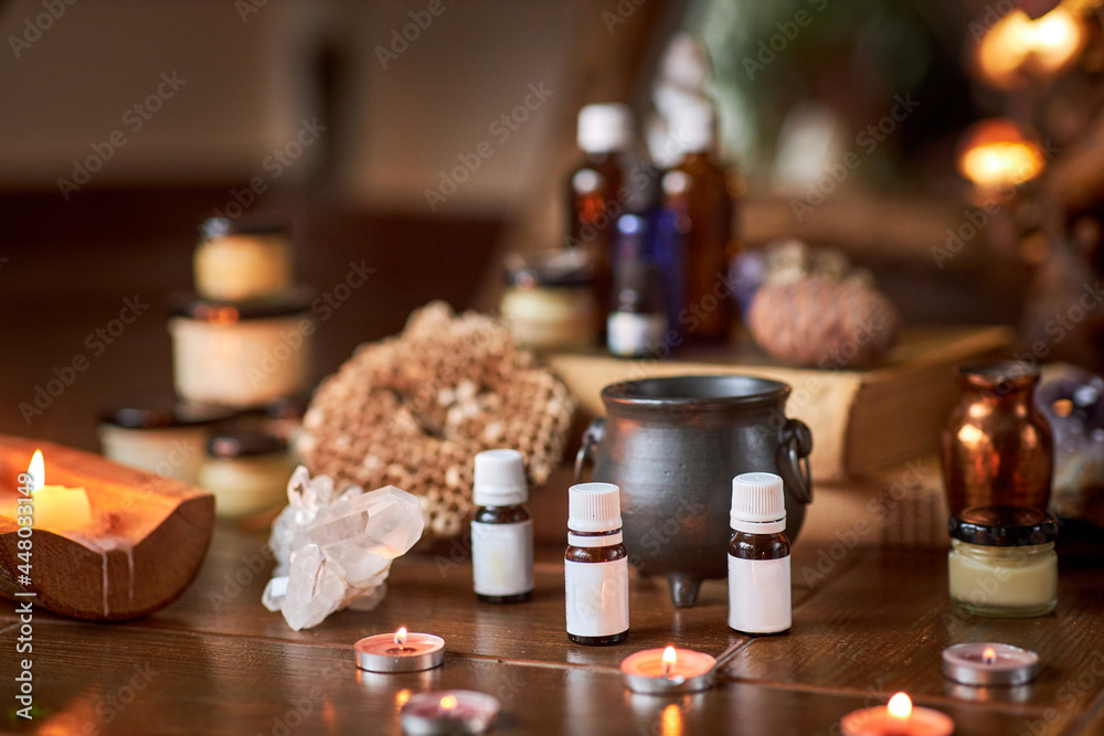Naturally developed massage therapy and body care products in a rustic wooden environment; essential oils, body butter, candles and aromatic ingredients
