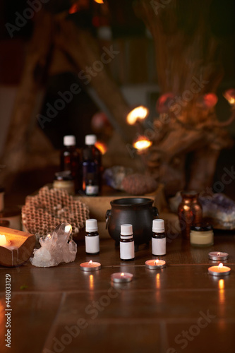 Naturally developed massage therapy and body care products in a rustic wooden environment  essential oils, body butter, candles and aromatic ingredients © Teodor Lazarev