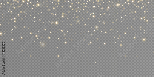 Christmas background. Powder dust light PNG. Magic shining gold dust. Fine  shiny dust bokeh particles fall off slightly. Fantastic shimmer effect. Vector illustrator. 