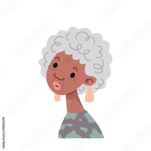Old black woman avatar. Portrait of a funny grandmother. Cartoon pensioner wearing earrings and a fashionable sweater with an animal print. Avatar Vector flat illustration