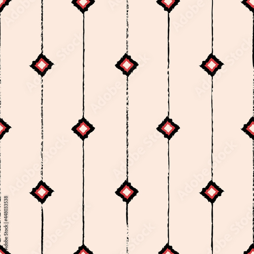 Vector drawn red black rhombus ecru repeat pattern