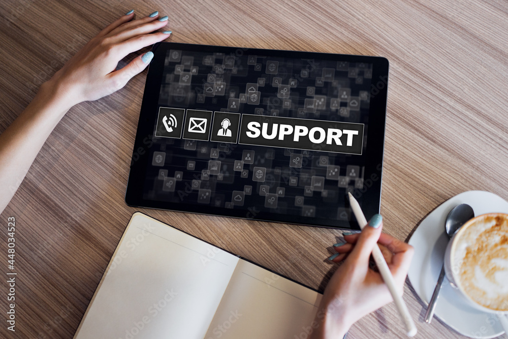 Technical support icons on screen. Call to help center. Internet and technology concept. Technical support icons on screen. Call to help center. Internet and technology concept.