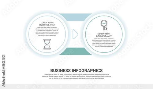 Vector minimal line infographics with circles and arrows. Business timeline 2 steps by step, options, labels. Flat template with two ways for chart, diagram, flowchart, app