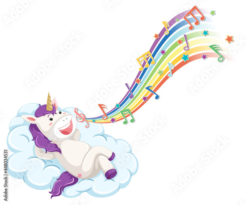 Cute unicorn laying on the cloud with melody symbols on rainbow
