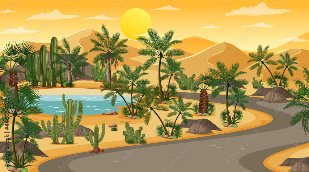 Long road through desert forest landscape at sunset time scene