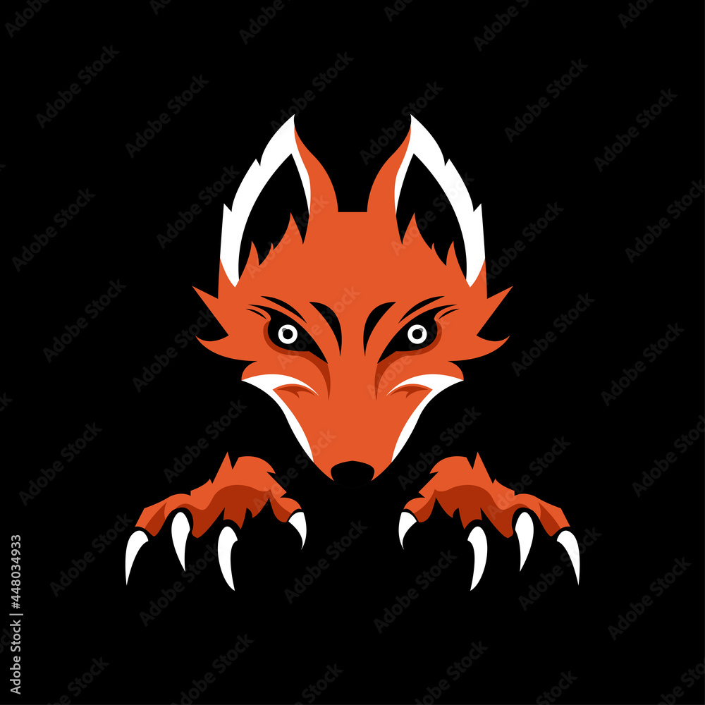 Vector illustration, Fox head Logo Template with two forelegs, isolated on black background Vector illustration, Fox head Logo Template with two forelegs, isolated on black background