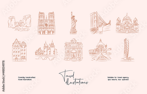 Hand drawn line art minimal travel vector illustration collection. Illustration of elegant signs and badges for travel agency, photoraphers, travel bloggers.