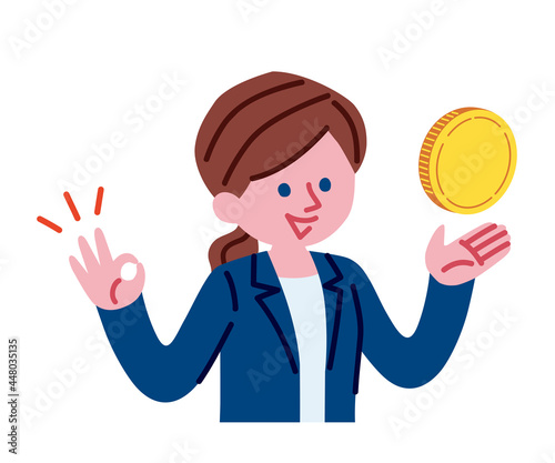 お金とスーツを着た女性のイラスト