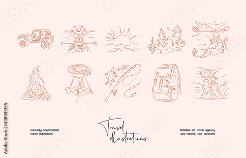 Hand drawn line art minimal travel vector illustration collection. Illustration of elegant signs and badges for travel agency, photoraphers, travel bloggers.