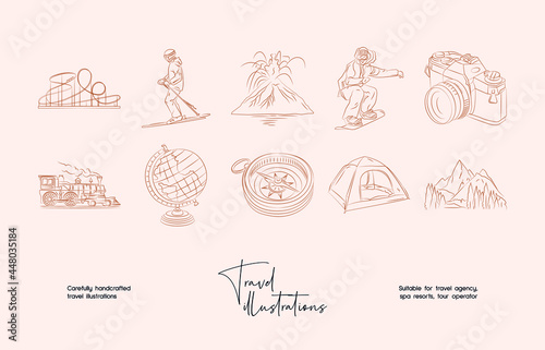 Hand drawn line art minimal travel vector illustration collection. Illustration of elegant signs and badges for travel agency, photoraphers, travel bloggers.