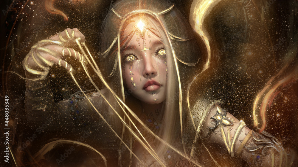 Naklejka premium A beautiful oracle girl with golden eyes weaves the luminous threads of people's destinies with her thin fingers, she wears a lot of jewelry, she looks into infinity seeing the truth and fate