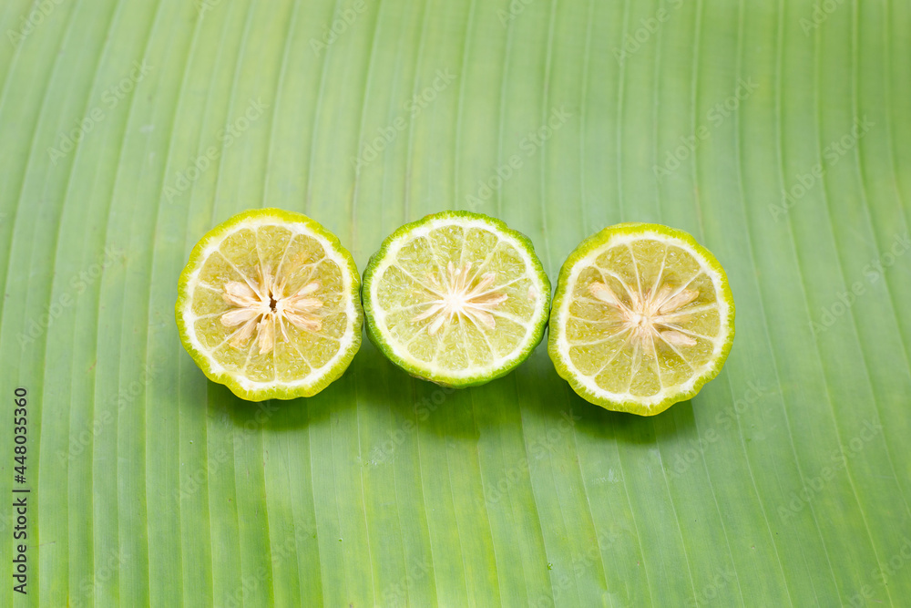 Bergamot kaffir lime herb on banana leaf Bergamot kaffir lime herb on banana leaf