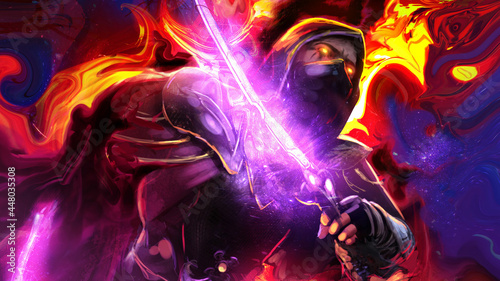 Dekoracja na wymiar  a-dexterous-assassin-in-a-dynamic-pose-with-ethereal-daggers-uses-demonic-portals-from-black-magic-to-move-around-the-battlefield-his-face-is-masked-and-hooded-his-eyes-are-burning-with-hellfire