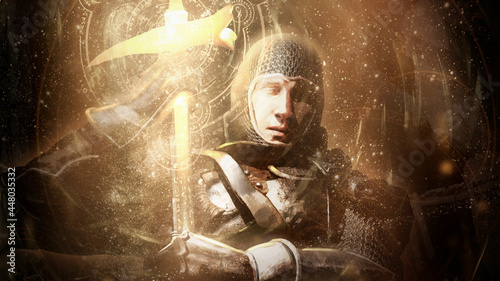A brave knight chaplain with a war hammer in his hands prays calling holy magic from heaven encouraging his allies, he is wearing plate armor and chain mail, he has a kind face of a righteous man. photo