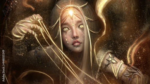 A beautiful oracle girl with golden eyes weaves the luminous threads of people's destinies with her thin fingers, she wears a lot of jewelry, she looks into infinity seeing the truth and fate