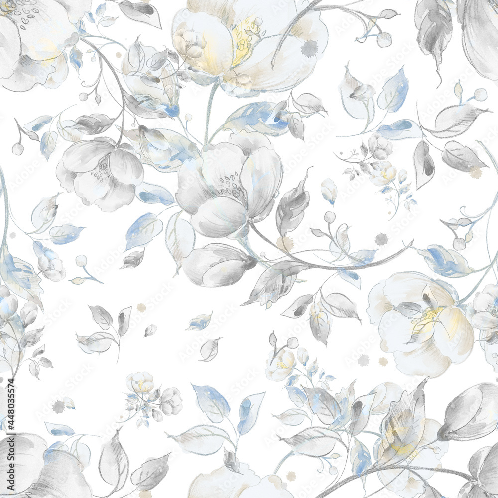 Watercolor seamless pattern of light flowers. Plain background. Beautiful print for decoration of textiles and design. Art drawing. Paints, paper, pencil, graphic, pastel. Watercolor seamless pattern of light flowers. Plain background. Beautiful print for decoration of textiles and design. Art drawing. Paints, paper, pencil, graphic, pastel.