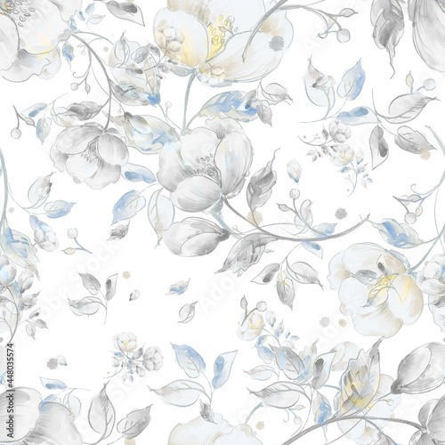 Wallpaper Mural Watercolor seamless pattern of light flowers. Plain background. Beautiful print for decoration of textiles and design. Art drawing. Paints, paper, pencil, graphic, pastel.  Torontodigital.ca
