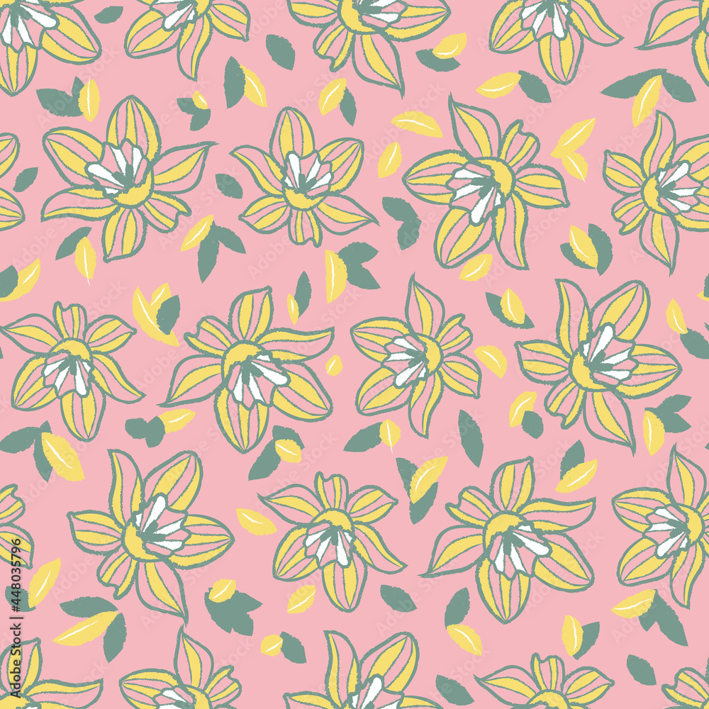 Vector pink yellow green floral seamless pattern
