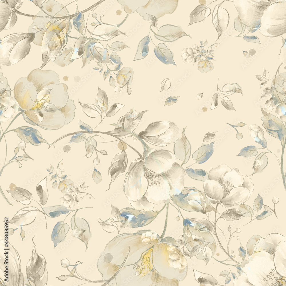 Watercolor seamless pattern of light flowers. Plain background. Beautiful print for decoration of textiles and design. Art drawing. Paints, paper, pencil, graphic, pastel. Watercolor seamless pattern of light flowers. Plain background. Beautiful print for decoration of textiles and design. Art drawing. Paints, paper, pencil, graphic, pastel.