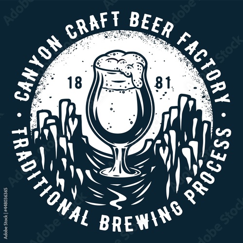 Beer label for retro craft brewery. Vintage beer bar mug or glass with foam for factory. Pint and stout ipa with bubble froth for saloon or tavern