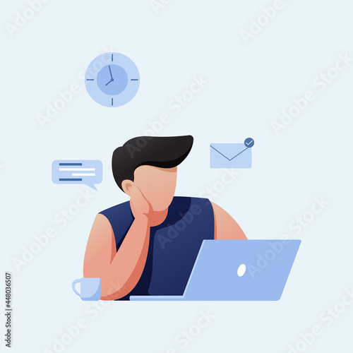 Illustration vector graphic of man Character simple flat design reading on a laptop perfect for back to school event.