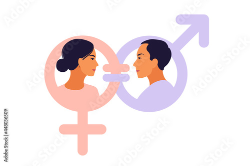 Gender equality concept. Men and women character on the scales for gender equality. Vector illustration. Flat.