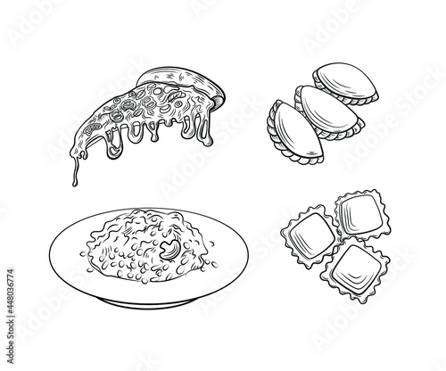 Vector Set of Italian Food Icons, Outline Black and White Illustrations, Hand Drawn Food, Italian Cuisine.
