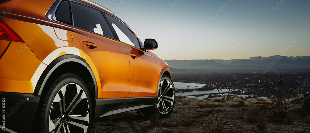 Side of a car ,automotive modern on before sunrise or after sunset ,3d render and illustrater.