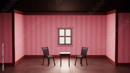 部屋　ピンク色ストライプの壁紙　椅子　テーブル　窓　3DCG