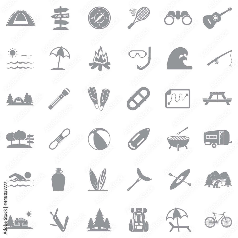 Summer Camp Icons. Gray Flat Design. Vector Illustration.