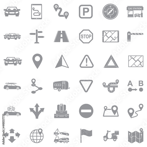 Road Trip icons. Gray Flat Design. Vector Illustration.