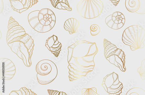 Seamless golden line sea shells background, Luxury gold underwater ocean rapana mollusc vector abstract art on white