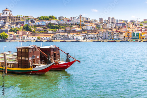 Vila Nova de Gaia seen from embankment of Douro River in Porto, Portugal