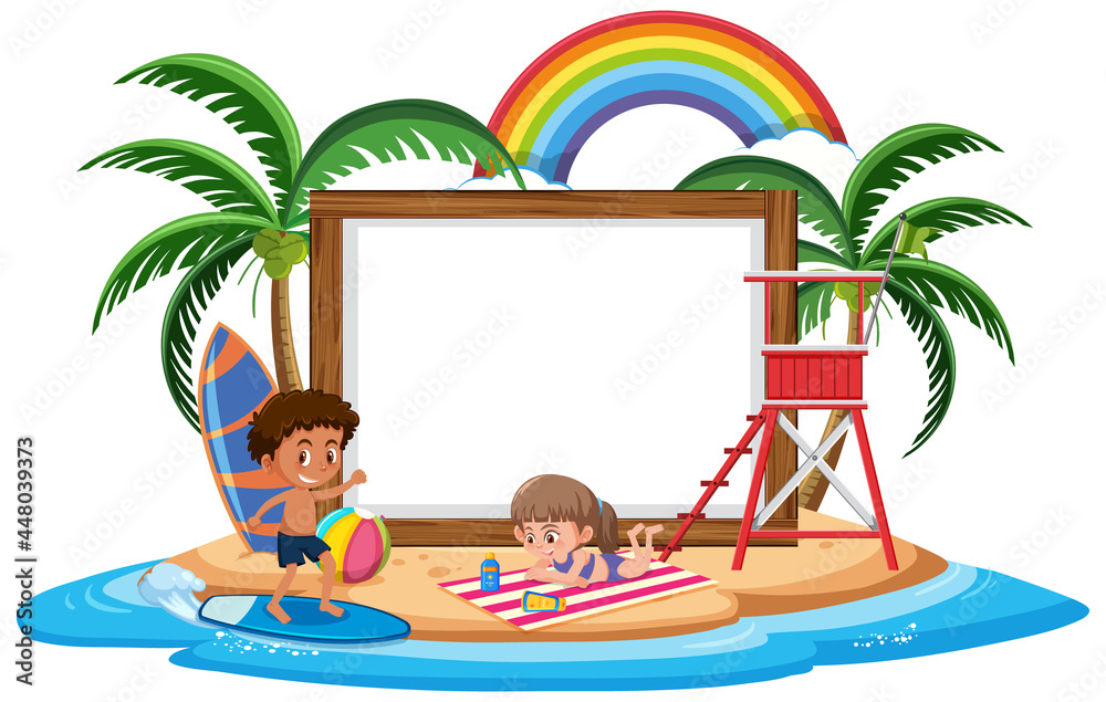 Fototapeta premium Empty banner template with kids character on summer vacation at the beach on white background