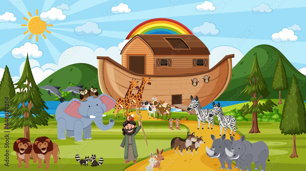 Noah's Ark with wild animals in nature scene Stock Vector | Adobe Stock