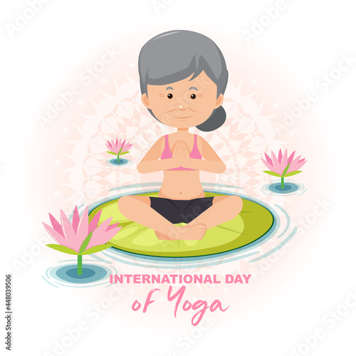 International Day of Yoga banner with old woman doing yoga exercise