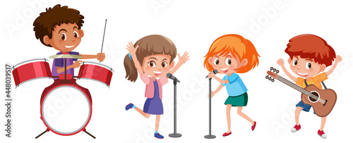 Set of different kids playing musical instruments